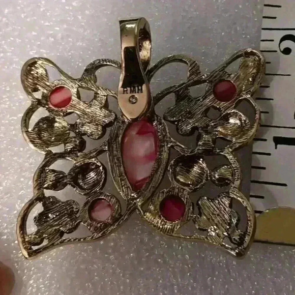 Vintage RMN Butterfly Floral Pendant Pink Silver Trim 2"×2¼ Magnetic Clip - Picture 3 of 6